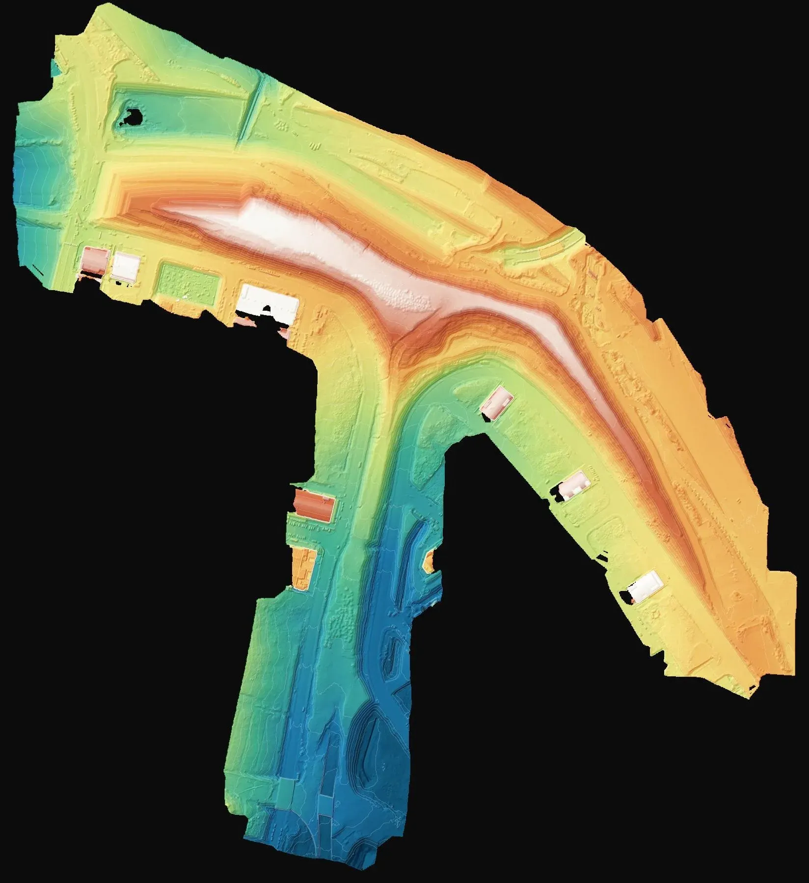 Surface model with hillshade and contour lines