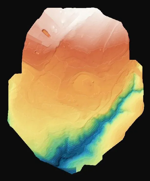 Digital elevation model with hillshade and contour lines