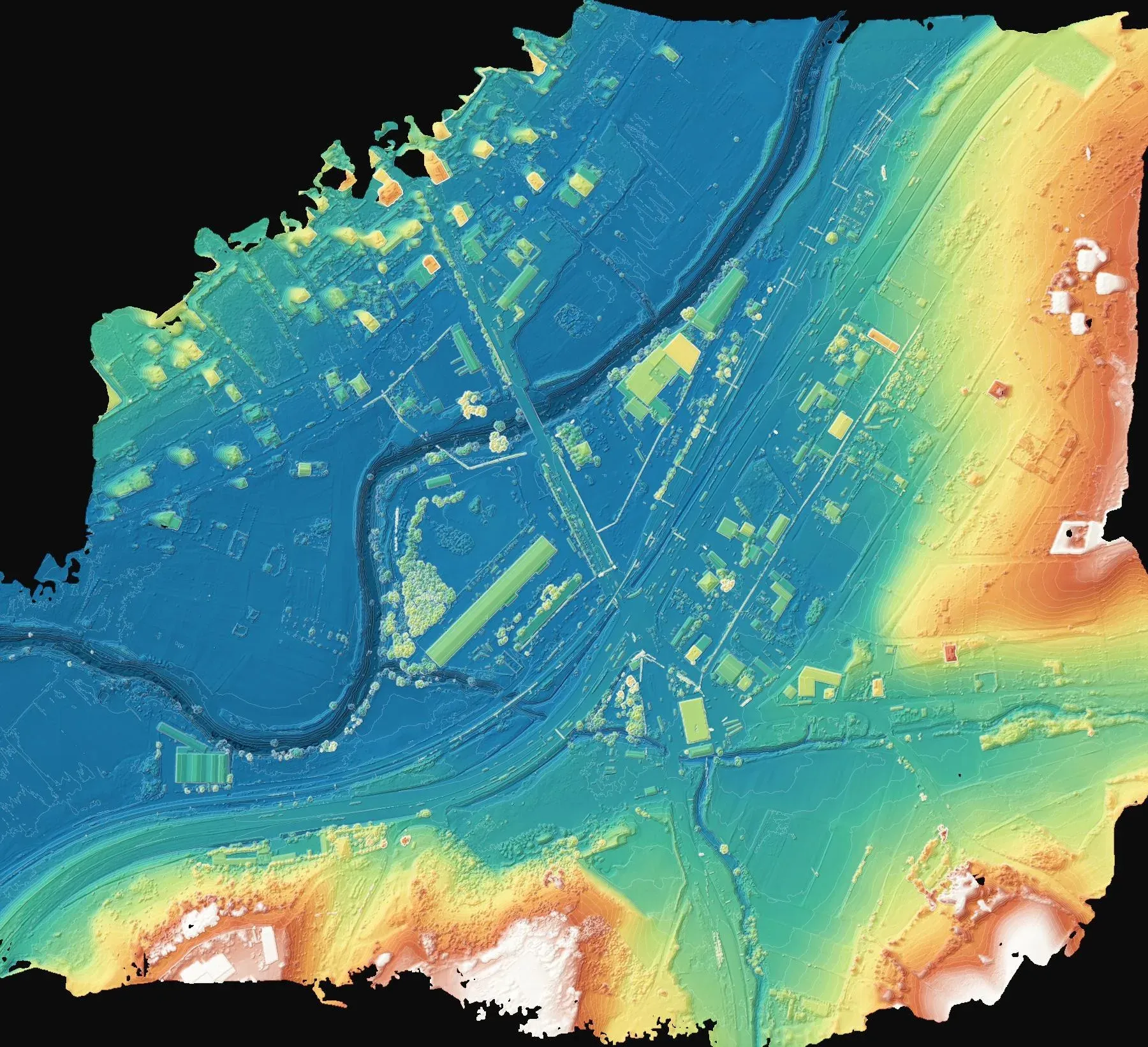 Surface model with hillshade and contour lines
