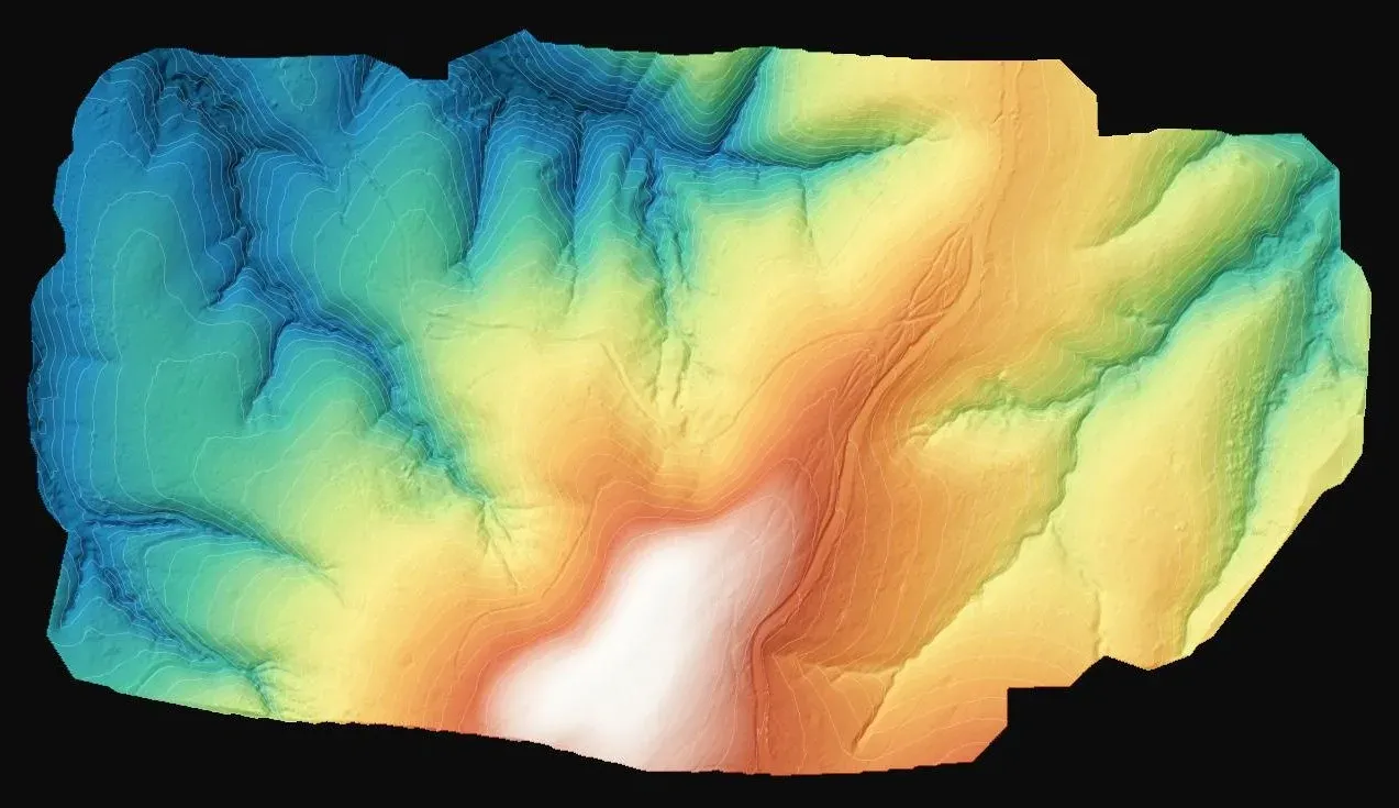 Digital elevation model with hillshade and contour lines
