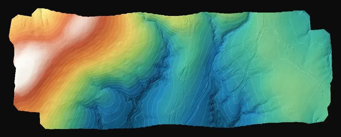 Digital elevation model with hillshade and contour lines