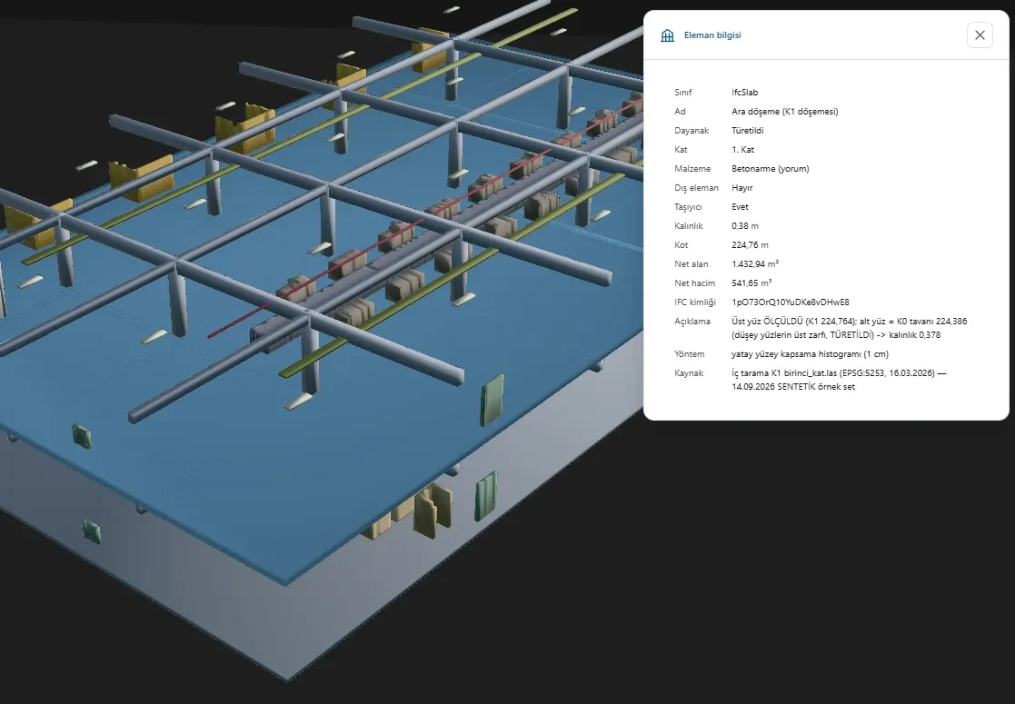 Panel de información de un elemento BIM en el portal: tipo, planta, dimensiones, superficie, volumen y base de medición