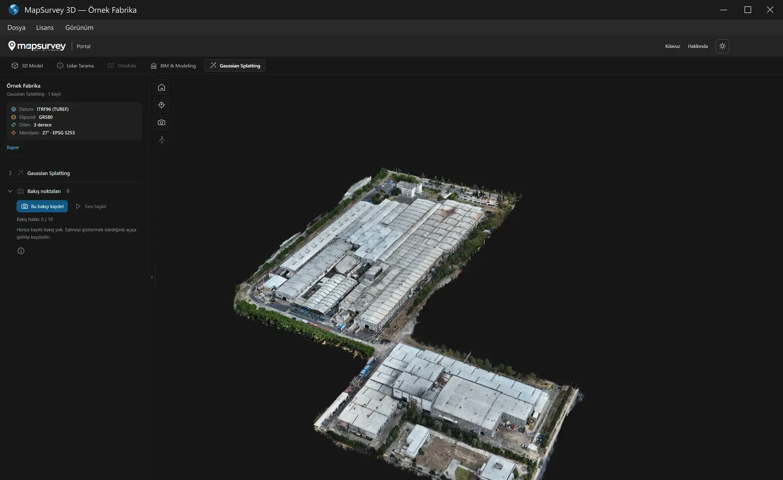 Gaussian-Splatting-Szene einer Fabrik in MapSurvey 3D Desktop
