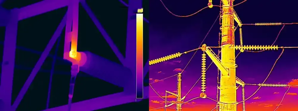 Imagen térmica de una estructura industrial y una línea eléctrica